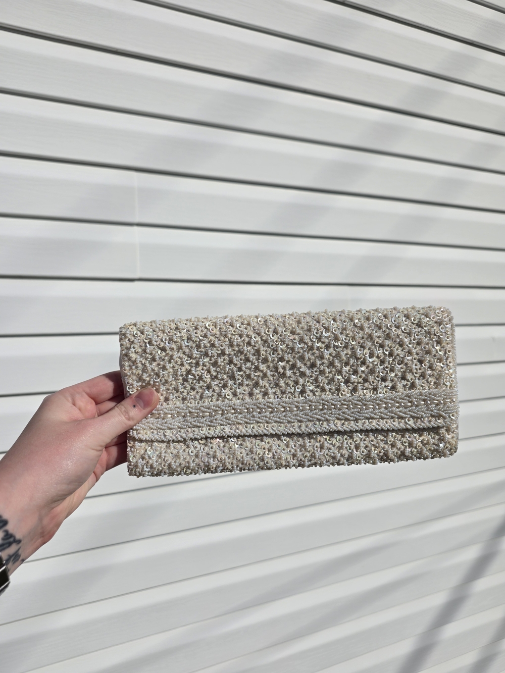 Vintage 1960s Beaded & Sequined Clutch Purse Ivory Hand Made in Hong Kong Bridal
